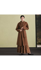 women brown woolen overcoat oversized stand collar winter coat tie waist jackets