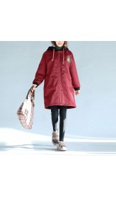 red thick warm zippered trench coats oversize prints long sleeve hooded winter outfits
