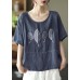 French Red Summer O-Neck Embroideried Linen Half Sleeve T Shirt