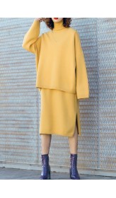 Autumn new temperament yellow high collar long-sleeved sweater suit skirt two-piece