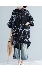 Style black prints cotton clothes For Women lapel collar Dresses summer tops