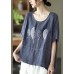 French Red Summer O-Neck Embroideried Linen Half Sleeve T Shirt