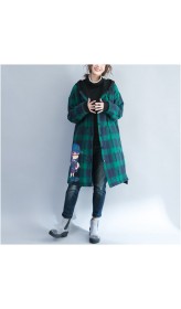 green grid cartoon prints cotton coats oversize hooded warm long sleeve long outwear