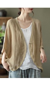 Italian Khaki V Neck Patchwork Fall Blouses Three Quarter Sleeve