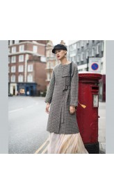 Luxury plaid Wool jackets oversized o neck long coat tie waist outwear