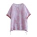 Casual Pink Print Patchwork Summer Linen Shirt Half Sleeve