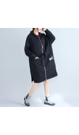 winter plus size women cotton cardigans black hooded prints zippered warm trench coats