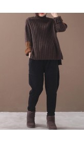 Women brown knit tops patchwork sleeve casual high neck sweaters