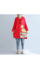 autumn red new hooded cotton coats plus size print big pocket cardigans outwear