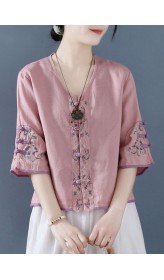 Fashion Pink Embroideried Button Shirts Half Sleeve