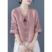 Fashion Pink Embroideried Button Shirts Half Sleeve