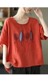 French Red Summer O-Neck Embroideried Linen Half Sleeve T Shirt