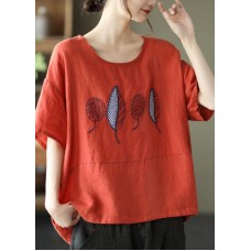 French Red Summer O-Neck Embroideried Linen Half Sleeve T Shirt