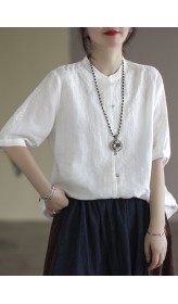 French White Button Embroideried Cotton Shirts Half Sleeve
