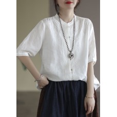 French White Button Embroideried Cotton Shirts Half Sleeve