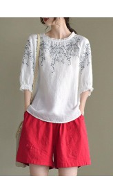 Simple White Loose O-Neck Embroideried Summer Linen Blouse Top