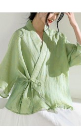 Elegant Green V Neck Butterfly Sleeve Tie Waist Summer Linen Tops