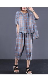 Summer retro plaid casual shirt denim two pieces