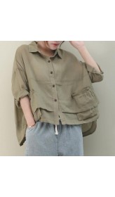 Chic lapel pockets linen shirts women Christmas Gifts khaki blouse