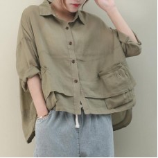 Chic lapel pockets linen shirts women Christmas Gifts khaki blouse