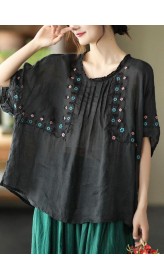 Chic Black O-Neck Embroideried Summer Ramie Half Sleeve