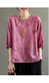 Elegant Pink O-Neck Embroideried Summer Linen Blouses