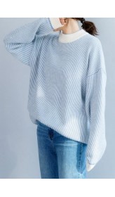 Pullover winter blue white striped knit sweat tops casual high neck crane tops