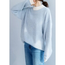 Pullover winter blue white striped knit sweat tops casual high neck crane tops