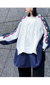 Women white knitted pullover plus size clothing knitted blouse patchwork false two pieces tops
