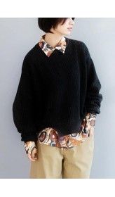 Cozy black knitted t shirt open hem oversized winter knit sweat tops