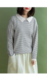 Oversized beige striped knitted blouse plus size clothing lapel collar knit blouse