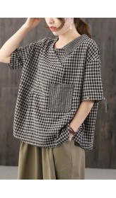 Casual Black Asymmetrical Plaid Cotton Blouses Half Sleeve