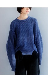 Oversized blue knit blouse open hem Loose fitting knit tops