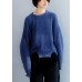 Oversized blue knit blouse open hem Loose fitting knit tops