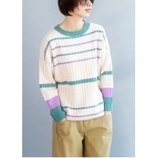 Vintage winter beige sweaters Loose fitting patchwork color knitted top