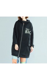 black fashion casual cotton prints coats oversize zippered long sleeve trench coat hooded winter outfits