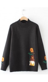 Women Black Sunflower Knitted Top High Neck Trendy Plus Size Sweaters