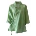 Elegant Green V Neck Butterfly Sleeve Tie Waist Summer Linen Tops