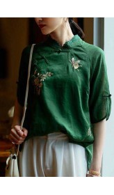 Handmade Green side open Mandarin Collar Tops Half Sleeve