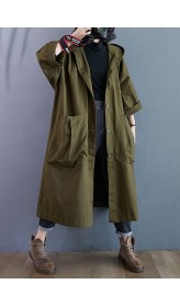 Elegant Army Green Pockets Button Fall Hooded Long sleeve Trench Coats