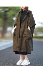 Unique Green Button Pockets Patchwork Fall Hoodies Outwear Long sleeve