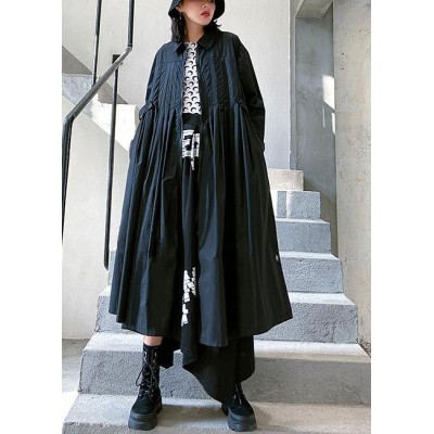 Loose lapel Cinched fine coats women black baggy coat