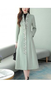 Mint Green Embroideried Floral Woolen Maxi Trench Coat Long Sleeve