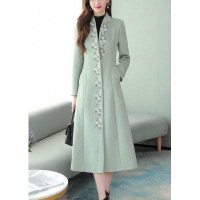 Mint Green Embroideried Floral Woolen Maxi Trench Coat Long Sleeve