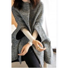 Fine Grey Plaid O-Neck Button Fall Woolen Three Quarter sleeve parka