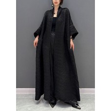 Boutique Black Oversized Pockets Jacquard Silk Trench Coats Fall