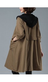 Unique Khaki Loose Patchwork Pockets Fall Hoodie Coat