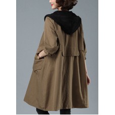 Unique Khaki Loose Patchwork Pockets Fall Hoodie Coat