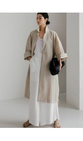 Casual Beige Peter Pan Collar Button Wrinkled Side Open Trench Coats Long Sleeve