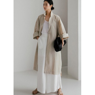 Casual Beige Peter Pan Collar Button Wrinkled Side Open Trench Coats Long Sleeve